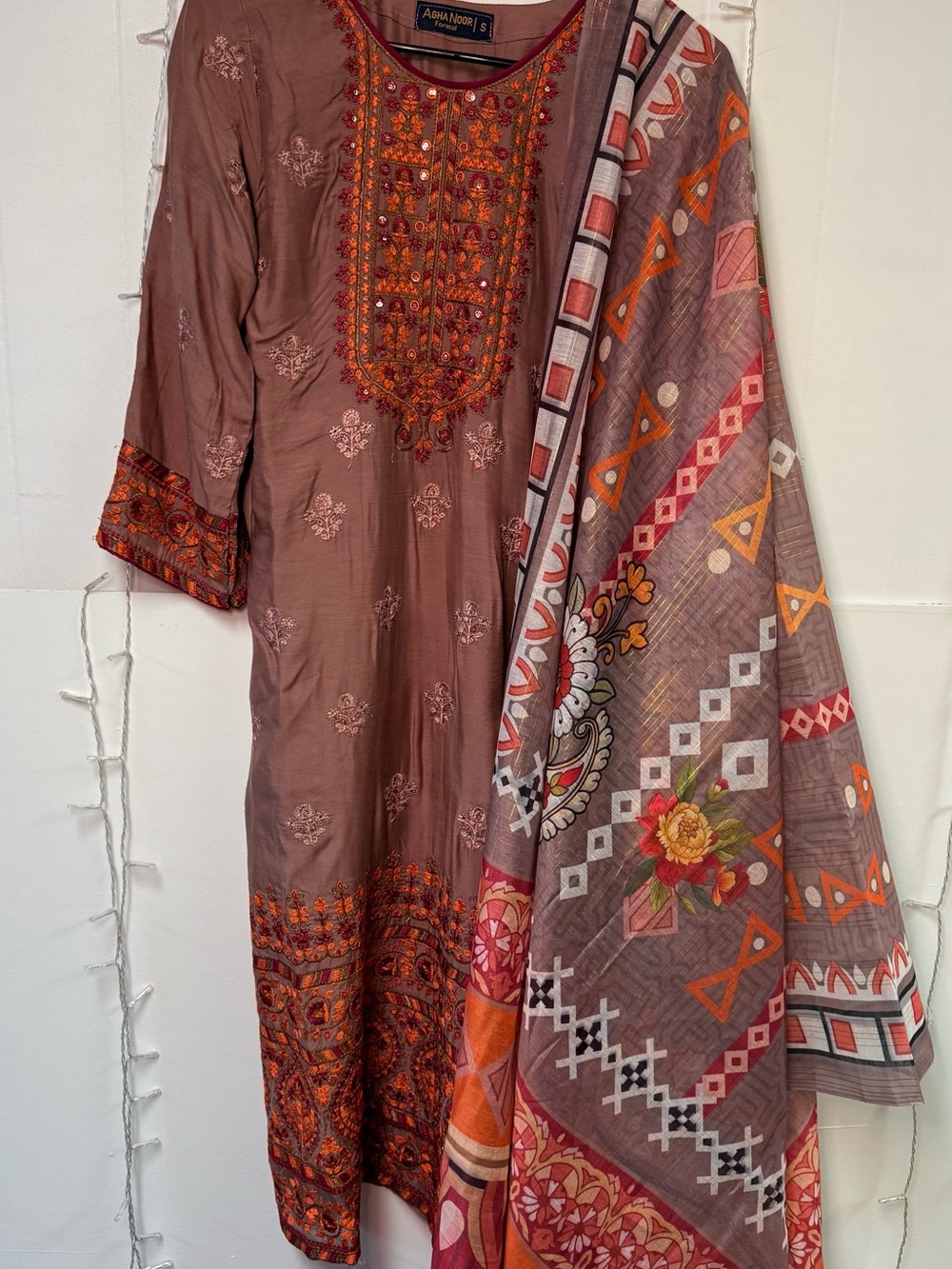 3 piece - Embroidered Brown & Orange Women's Dress with Printed Shawl